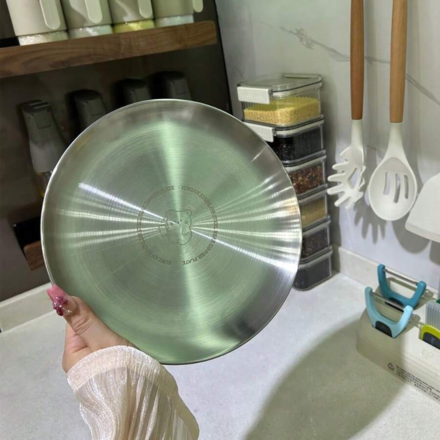 [Gấu] Khay kim loại thép không gỉ phong cách Hàn Quốc, Đĩa tráng miệng lan truyền, Đĩa phẳng tròn dày - Xám - Xem 1