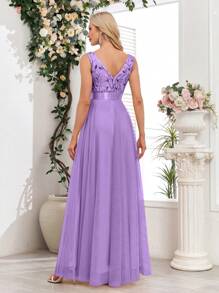 春夏V领无袖刺绣网纱A字型正式伴娘礼服、优雅派对礼服、正式婚礼宾客礼服、毕业典礼礼服、晚礼服 - 淡紫色 - 查看 7