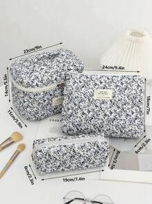 1 pieza Bolsa acolchada de gran capacidad con estampado floral azul de uso múltiple, bolsa de maquillaje de moda y casual con cremallera portátil, esencial para viajes, almacenamiento de papelería, vacaciones, cosméticos, productos de belleza, decoración del hogar, para mamá, mujeres, enfermeras, estudiantes, niñas escolares, llaves, regalos festivos