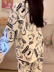 AICJ 2pcs Women's Cartoon Bear Print Casual Pajama Set, Long Sleeve Round Neck Top And Long Pants, Comfortable Loose Fit, Suitable For Spring, Autumn, Winter House Wear,Two Pieces Set