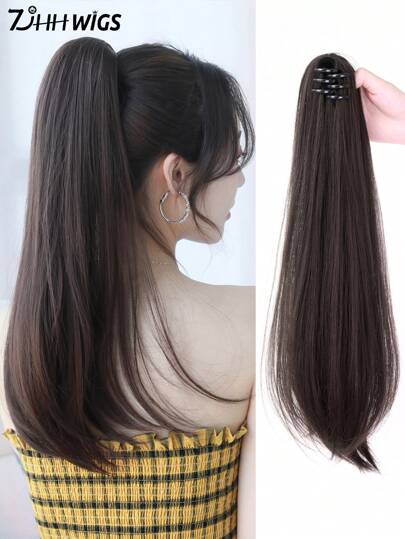 7JHH WIGS Dark Brown Medium Straight Claw Clip On Ponytail Hair Extensions 20 Inch Synthetic Heat Resistant Pony Tail Hair Piece For Women Daily Party