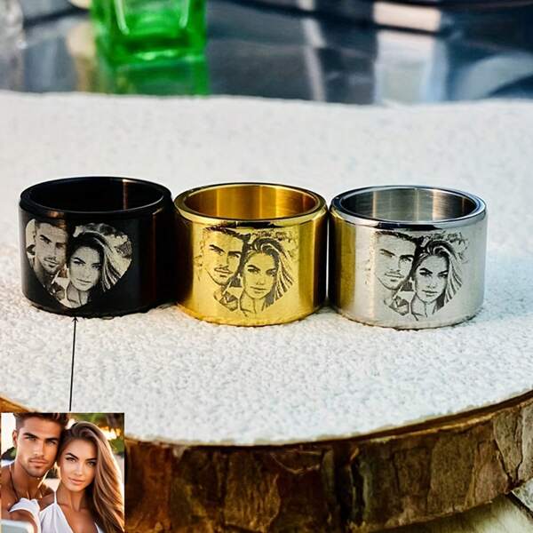 [Custom Product] Image Engraved Ring, Unique Design With Polished Durable Finish - Personalized Gift For Couples, Family, And Friends, Suitable For Birthday, Graduation, Halloween, Christmas And More. Comes With A Jewelry Storage Bag As An Accessory.