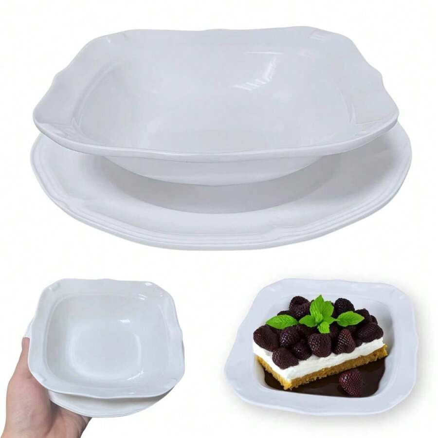 KIT 4 DESSERT PLATES 17 CM + 4 SQUARE BOWLS 250 ML DELICATE EDGES IN MELAMINE / PLASTIC - 白色 - 查看 1