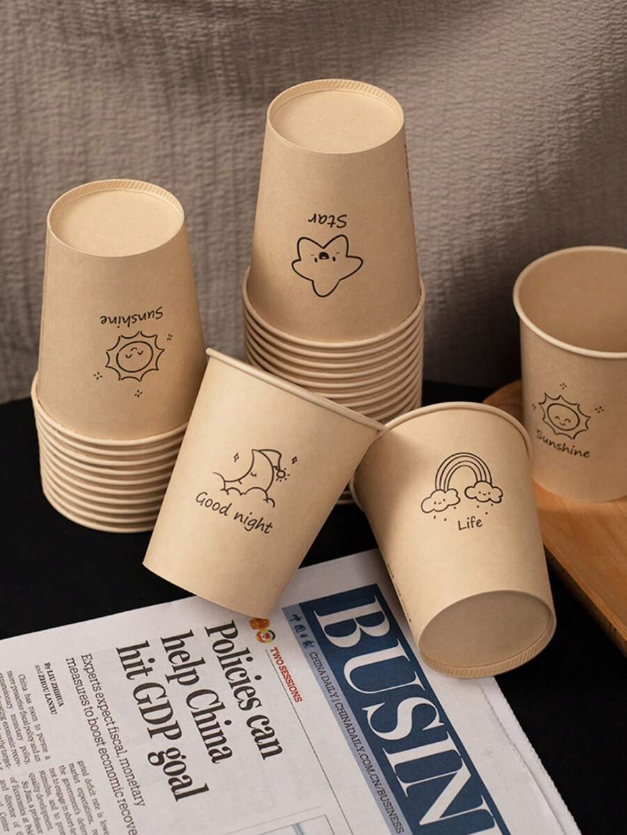 50PCS 星月太阳图案自然色纸杯 加厚办公家用商用咖啡饮料杯 防滑防漏不易损坏 250ML 适合家庭聚会户外露营办公用一次性纸杯促销 - 棕色 - 查看 1