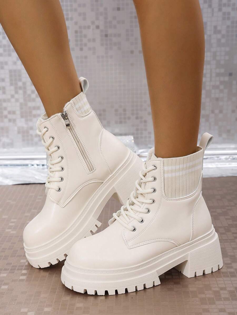 Giày bốt cổ cao đế dày buộc dây mũi tròn vải nhung chắp vá phong cách Âu Mỹ mới cho nữ mùa thu/đông, giày bốt đế xuồng ấm áp đa năng thời trang thường ngày - Màu be - Xem 1