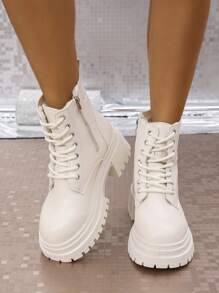 Giày bốt cổ cao đế dày buộc dây mũi tròn vải nhung chắp vá phong cách Âu Mỹ mới cho nữ mùa thu/đông, giày bốt đế xuồng ấm áp đa năng thời trang thường ngày - Màu be - Xem 2