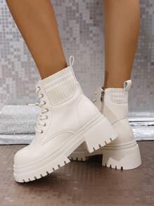 Giày bốt cổ cao đế dày buộc dây mũi tròn vải nhung chắp vá phong cách Âu Mỹ mới cho nữ mùa thu/đông, giày bốt đế xuồng ấm áp đa năng thời trang thường ngày - Màu be - Xem 6