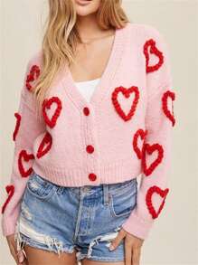 Women Button Up Sweaters Casual Heart Crochet Cropped Long Sleeves Knit Cardigans Warm Fall Knitwear For Streetwear