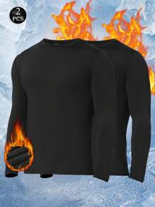 2PCS/SET Men's Warm Underwear Top Long Sleeve Warm Lightweight Backing Round Neck Solid Color Shirts