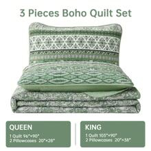 3 Pieces Boho Queen King Quilt Sets, Light Green Bohemian Quilt Bedding Set, Lightweight Microfiber Bed Decor Bedspread For All Season 96"X90" Home Decor Room Decor Bedroom Decor Bed Comforter Set Mothers Day Gift Wedding Decorations. - 淺綠色 - 查看 6
