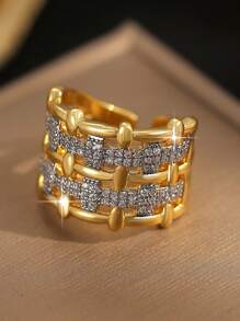 jealous young 1pc Multi-Layer Zirconia Open Ring, Suitable For Women And Girls For Daily Wear - Gold - View 6