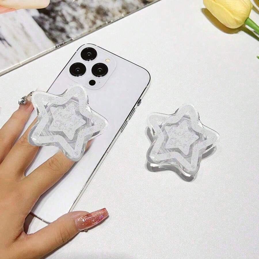 1 个可爱闪亮星星设计手指握持手机支架，多功能旋转折叠手机支架 - 無色 - 查看 1