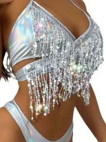 1pc Customized Letter Print Sexy & Comfortable Glitter Fringe Personalized Christmas Lingerie, Party