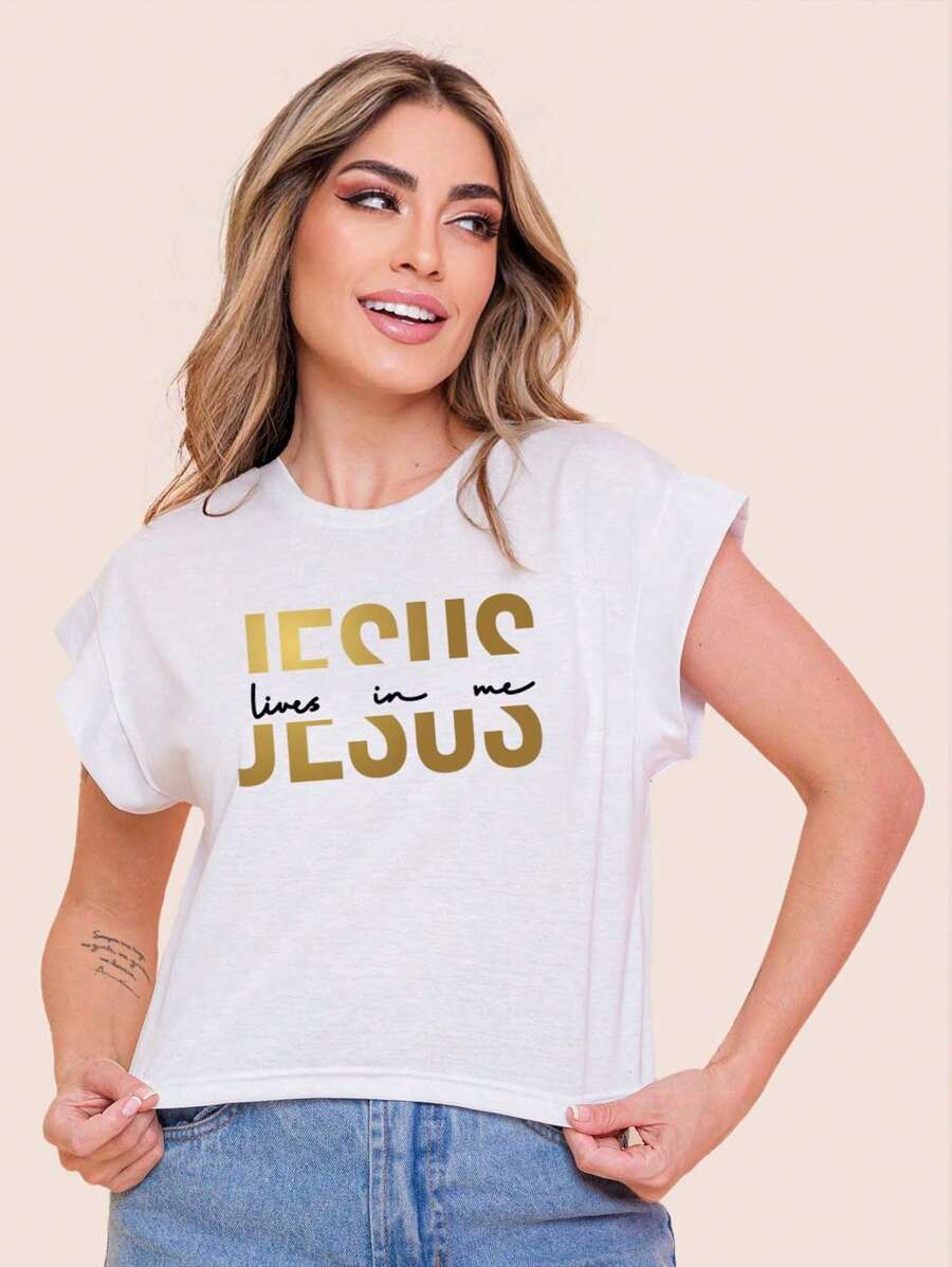 Women's Cropped Top With Golden Jesus Print - 白色 - 查看 1