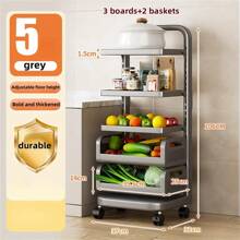 Höhenverstellbares Küchenlagerregal, multifunktionaler Boden-Topf-Pfannenhalter mit Gemüsekorb & Rädern
