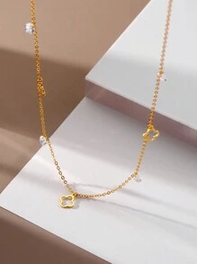 1 Pc Fashionable Minimalist 925 Silver Necklace Chain Four-Leaf Clover-Shaped With Zirconia 18K Gold Plated Necklace Suitable For Women's Daily Wear And Summer Vacation Valentines