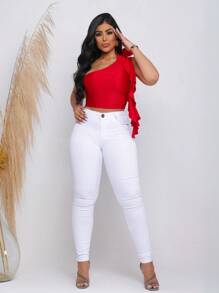 Calça jeans Branca Feminina Skinny Cintura Alta Levanta Bumbum Com Lycra White Moda Fashion Odontologia Enfermagem Clínica Medicina Hospital - Branco - Visão 6