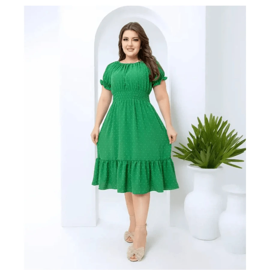 Short Dress Duna Popcorn Women's Casual Evangelical Fashion Elegant Loose - 綠色 - 查看 1