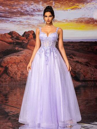 Vestido de fiesta largo con falda de tul morado, con bordado brillante, vestido de noche elegante y semiformal para fiesta de cumpleaños, boda, graduación, baile de graduación