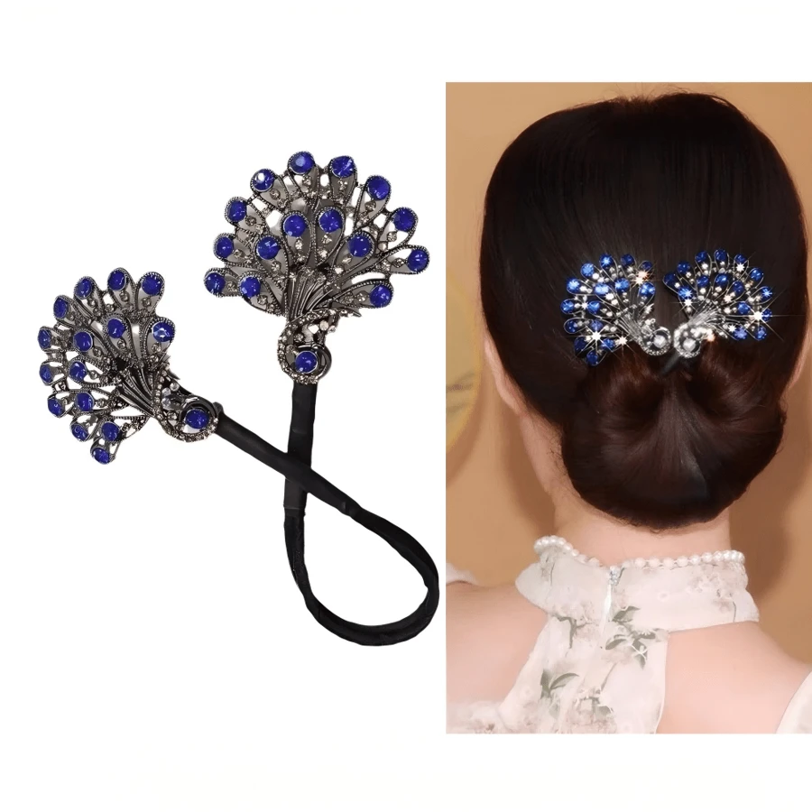 1件复古孔雀发夹，女款后脑勺花苞造型发夹，慵懒女孩发饰，美发造型工具，发饰 - 藍色 - 查看 1