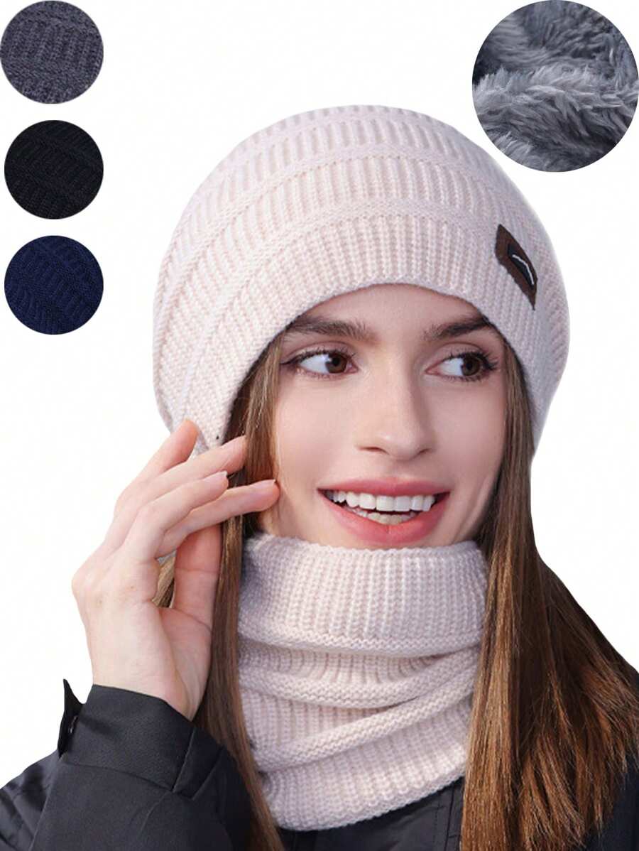 2 件套：时尚女士冬季针织帽、厚羊毛帽、保暖面罩、无缝针织帽、双面羊毛衬里无檐便帽，男女皆宜 - 彩色 - 查看 1