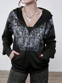 Cyber Y2K Women Fashion Street Punk Print Hooded Zip Up Long Sleeve Jacket, Autumn/Winter Sweatshirt - Black - View 5