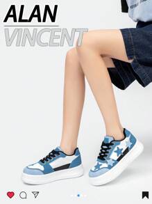 Alan Vincent 蓝鞋女2024新款厚底运动鞋舒适时尚滑板鞋休闲运动鞋女户外聚会鞋女士鞋学生女童鞋五角星元素 - 藍色 - 查看 4