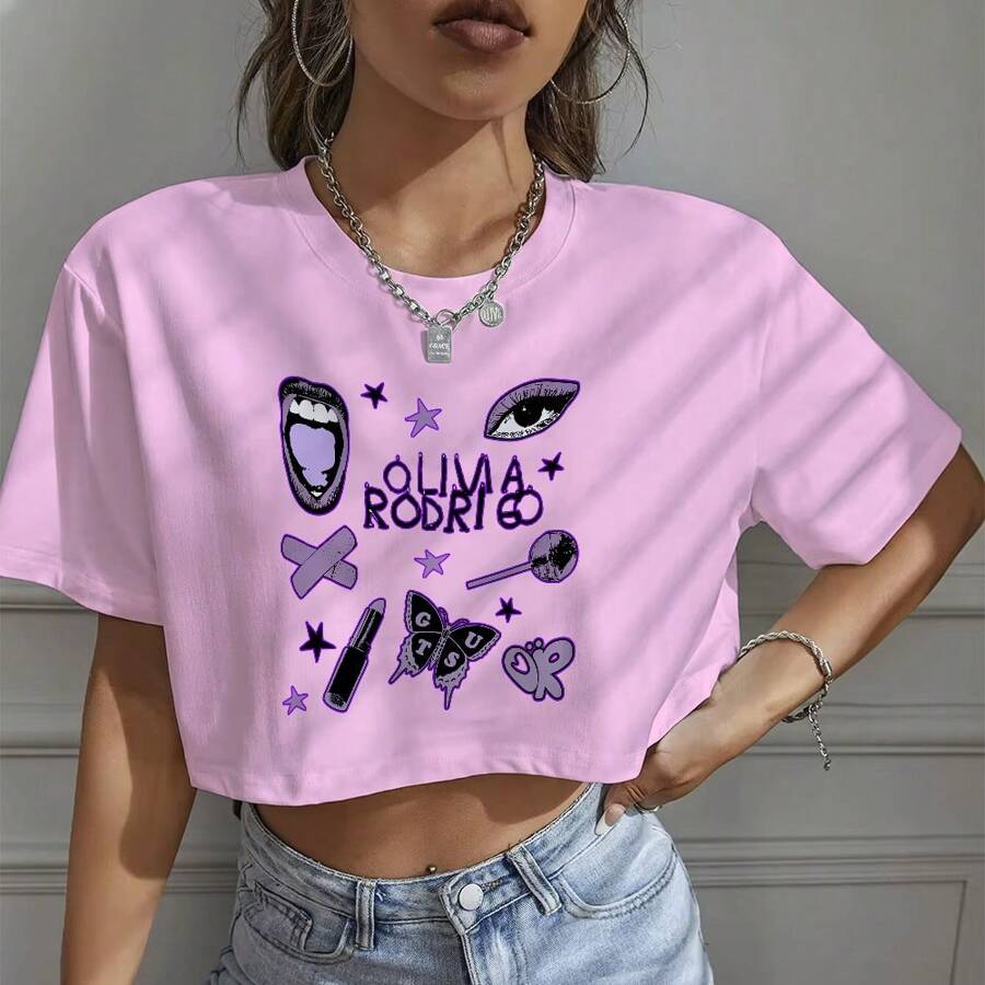 Women's Cropped Top Oversized Blouse Olivia Rodrigo Streetwear Cotton - Baby Pink - View 1