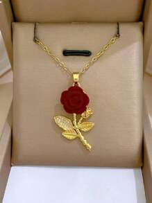 1 pieza Collar de flor de rosa de acero inoxidable, collar gargantilla de lujo con decoración de cristal completo y delicado Charm para mujeres, sin caja de regalo para el Día de San Valentín - collar - Ver 1
