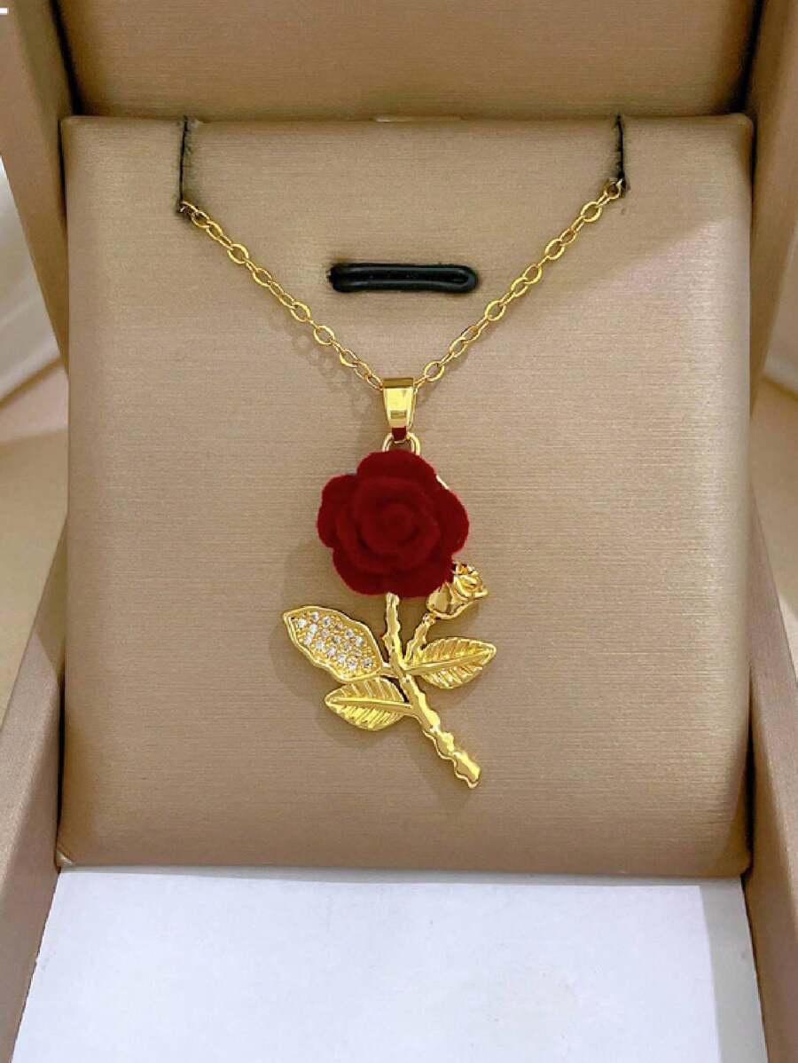 1 pieza Collar de flor de rosa de acero inoxidable, collar gargantilla de lujo con decoración de cristal completo y delicado Charm para mujeres, sin caja de regalo para el Día de San Valentín - collar - Ver 1