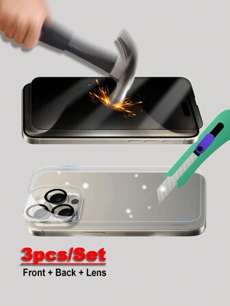 ZYONS 3pcs/Set High Aluminum Privacy Anti-Peeping Tempered Glass Screen Protector + Glass Back Film + Camera Lens Protector, Screen Protector, Privacy Protection, Back Film Protection, Camera Lens Protection, Triple Protection, Compatible With IPhone 17 Pro Max/17 Air/16 Pro Max/16 Pro/16 Plus/16E/15/15 Plus/15 Pro/15 Pro Max/14 Pro Max/14 Plus/14 Pro/14/13 Pro Max/13 Pro/13/12 Pro Max 11 Pro Max X XR XS MAX 8 7 8+ 7+ Series