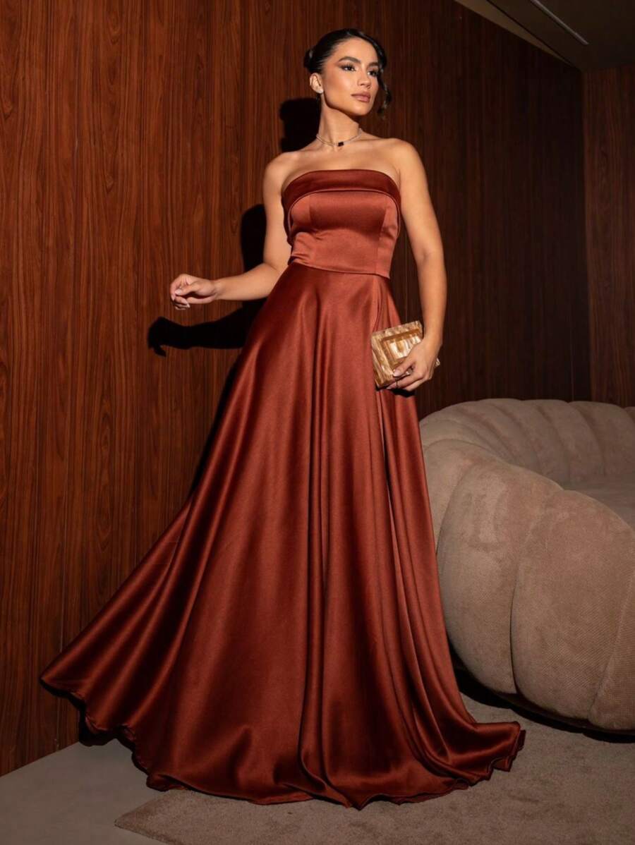 LONG DRESS FOR WEDDING PARTY BRIDESMAID GRADUATES STRAP-ON - Naranja Quemada - Ver 1