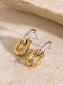 Uworld 1对欧美时尚小众复古女士链条式圆环扣不对称耳环日常通勤风格不锈钢耳环18K镀金 - 金銀拼色 - 查看 4