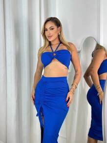 Cropped Top Set With Tie-Up Padded Neckline And Adjustable Midi Pencil Skirt Women's Fashion - 藍色 - 查看 3