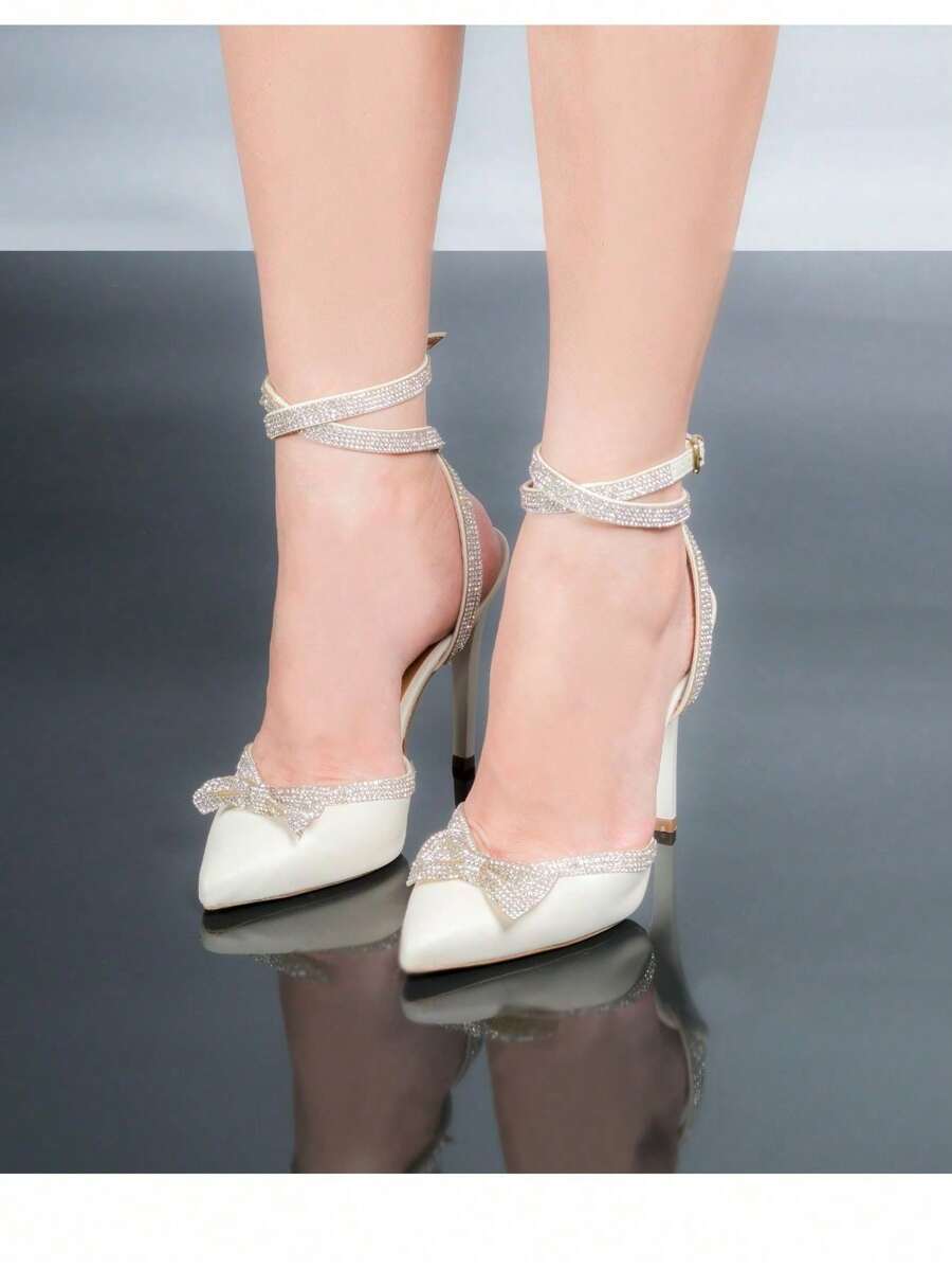 Women's High Heel Pumps With Rhinestones For Graduation Party, Social Event, Work - White - View 1