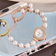 1pc Women's Rose Gold & White Bead Ladylike Style Quartz Watch, Delicate Crystal-Encrusted Case, Minimalist Mother-Of-Pearl Dial Design, Fashion Cross-Border Watch - Rose Gold - View 9