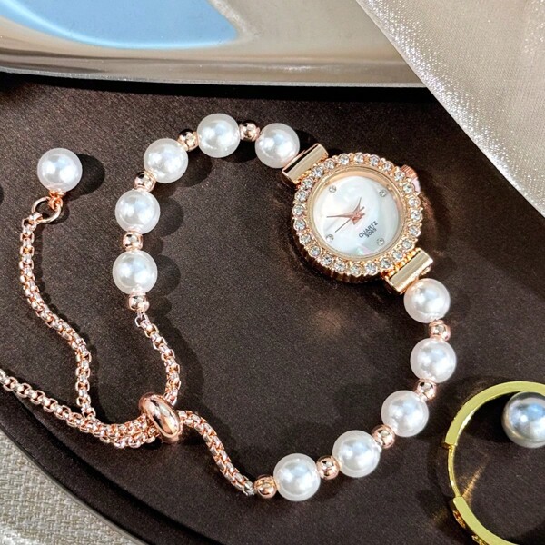 1 pezzo Orologio da donna stile raffinato con perline color oro rosa e bianco, cassa delicatamente impreziosita di cristalli, quadrante minimalista in madreperla, orologio alla moda per il commercio transfrontaliero
