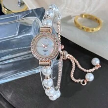 1pc Women's Rose Gold & White Bead Ladylike Style Quartz Watch, Delicate Crystal-Encrusted Case, Minimalist Mother-Of-Pearl Dial Design, Fashion Cross-Border Watch - Rose Gold - View 3