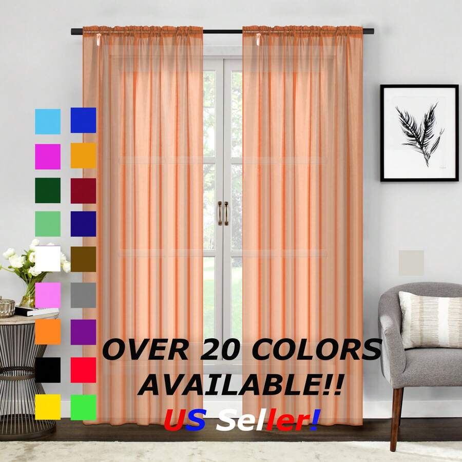 Two (2) Sheer Window Curtains Panels - Drapes Set Multiple Lengths (63", 84", 95", 108", 120" L) Rod Pocket Solid Colors - 橘色 - 查看 1