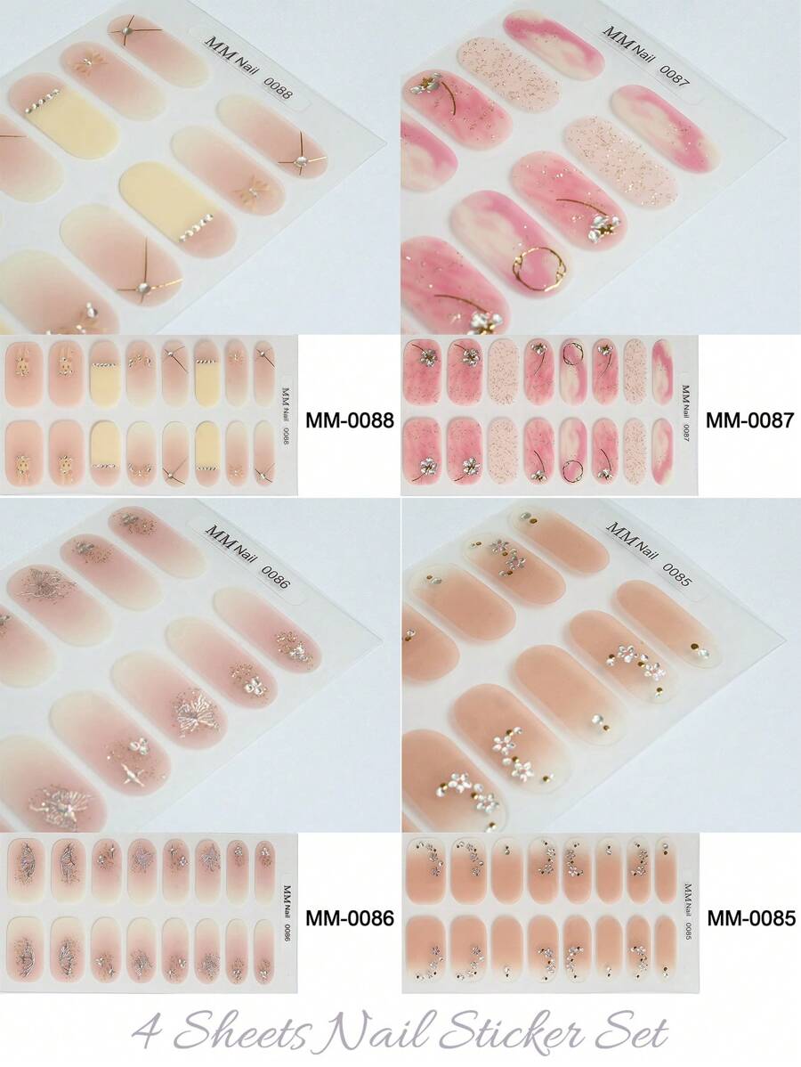 指甲贴 4 张绿色双色渐变波西米亚风花卉植物自粘夏季指甲贴花美甲装饰套装适用于美甲工艺指甲贴纸 DIY - 粉色 - 查看 1