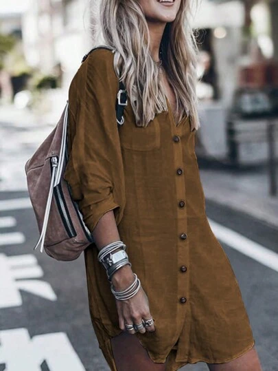 Camisa de mujer de unicolor, casual, de manga larga y con botones