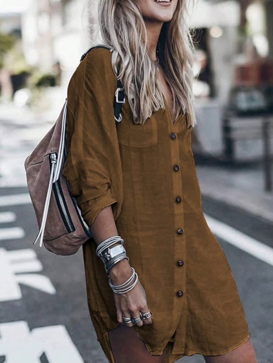 Chemise décontractée à manches longues et boutonnée de couleur unie pour femmes, Eid Printemps - Kaki - Voir 1