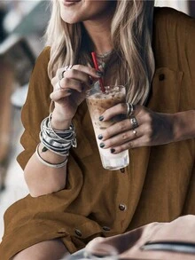 Chemise décontractée à manches longues et boutonnée de couleur unie pour femmes, Eid Printemps - Kaki - Voir 3