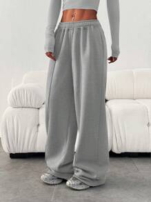 Women's Casual Loose Simple Solid Color Elastic Waist Sweatpants - Grey - View 2