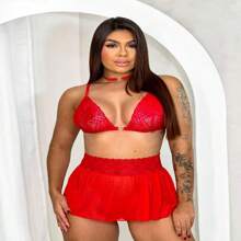 Vivi 4-Piece Sexy Fantasy Set With Tulle Skirt, Unlined Choker Collar And Adjustable Straps - Đỏ - Xem 1