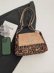 纯色/豹纹/蝴蝶结链条可拆卸休闲可折叠大容量链条单肩包翻盖度假旅行包女士 - 卡其色 - 查看 4