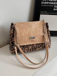 纯色/豹纹/蝴蝶结链条可拆卸休闲可折叠大容量链条单肩包翻盖度假旅行包女士 - 卡其色 - 查看 2