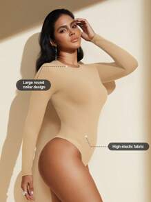 1件装女士无缝黑色圆领长袖连体衣，性感塑身连体衣，收腹、束腰、塑形 - 杏色 - 查看 6