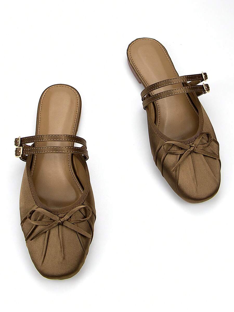 2025 秋季女士优雅细带扣踝带蝴蝶结装饰棕色缎面材质舒适方头芭蕾平底鞋，情人节日常穿着，穆勒鞋 - 棕色 - 查看 1