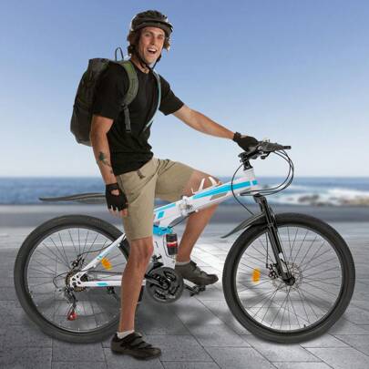 CNCEST 21 Speeds Mountain Bike 26 Inch Folding Mountain Bike For Adults, Foldable Mountain Bicycle With Dual Disc Brake, MTB Bicycle For Men And Women, Adjustable Height Bike (Blue&White)